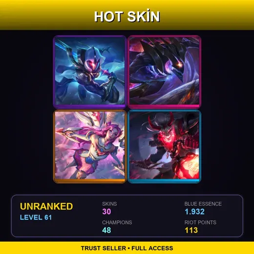 VN | Cosmic Blade Master Yi | Star Guardian Kai'Sa | Dark Star Kha'Zix | Blood Moon Thresh | 30 Skin | 48 Champ | Lv61