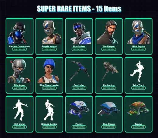 [PS4/PS5/XBOX/PC] | Carbon Commando | Royale Knight | Blue Striker | The Reaper | Blue Squire | 30 skin | 36 pickaxe | 41 emote | 45 glider | Lv608