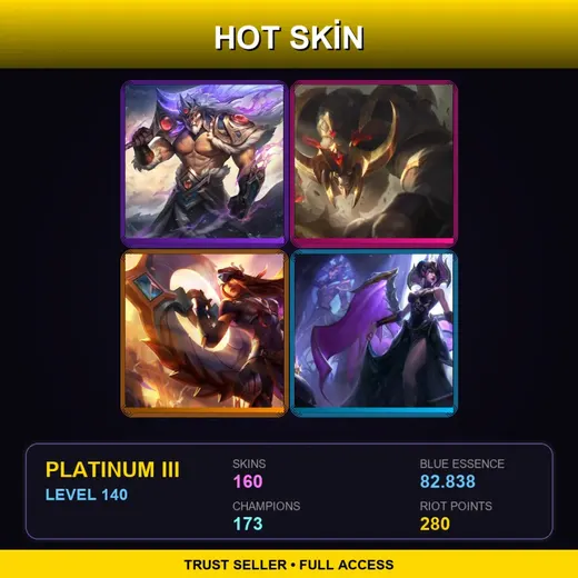 SG | Victorious Tryndamere | Conqueror Alistar | Victorious Sivir | Victorious Morgana | 160 Skin | 173 Champ | Platinum III | Lv140 — LoL account