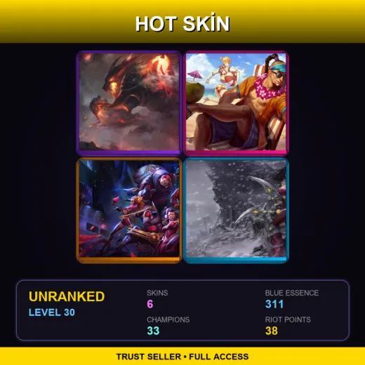 TR | Firefang Warwick | Pool Party Lee Sin | SKT T1 Vayne | Bandit Sivir | 6 Skin | 33 Champ | Lv30