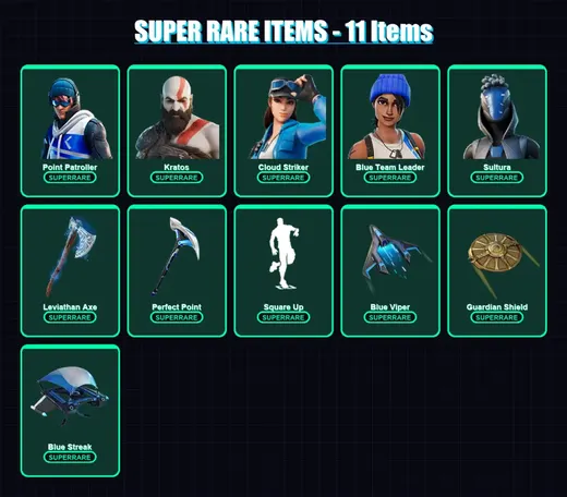 [PC] | Point Patroller | Kratos | Cloud Striker | Blue Team Leader | Sultura | 57 skin | 60 pickaxe | 31 emote | 44 glider | Lv624