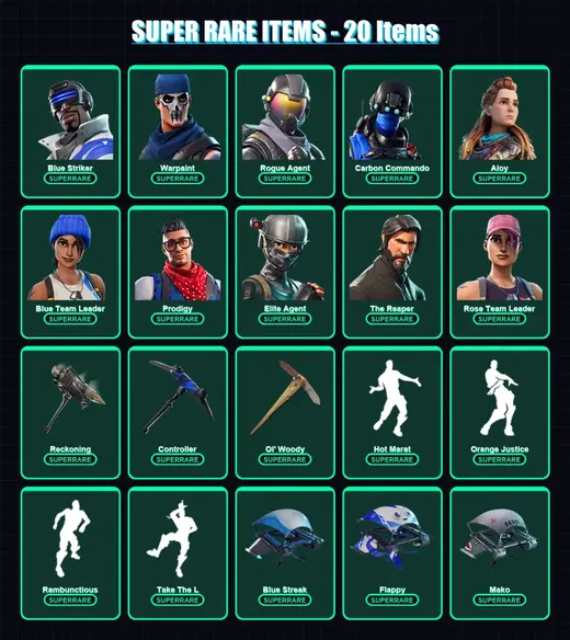 [PS4/PS5/XBOX/PC] | Blue Striker | Warpaint | Rogue Agent | Carbon Commando | Aloy | 103 skin | 77 pickaxe | 78 emote | 78 glider | Lv1012