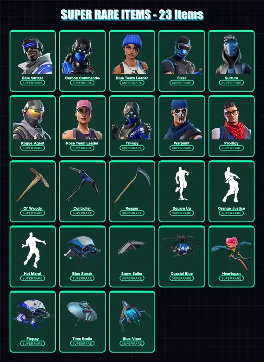 [PS4/PS5/XBOX/PC] | Blue Striker | Carbon Commando | Blue Team Leader | Fixer | Sultura | 40 skin | 37 pickaxe | 56 emote | 42 glider | Lv592