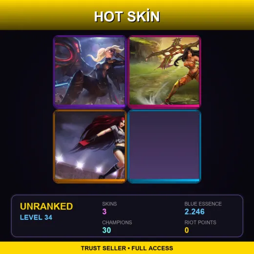 TR | Riot Kayle | Spectacular Sivir | Red Card Katarina | 3 Skin | 30 Champ | Lv34