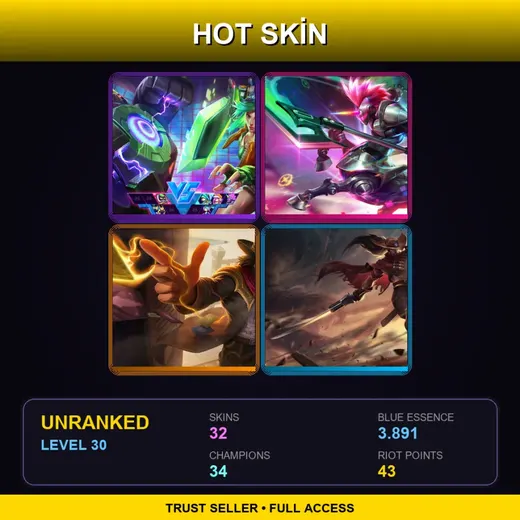 EUW | High Noon Twisted Fate | Arcade Riven | Arcade Hecarim | High Noon Yasuo | 32 Skin | 34 Champ | Lv30 — Runeborn Xerath