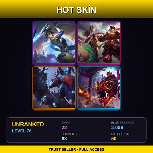 LAN | Pulsefire Fiora | Elderwood Bard | Warring Kingdoms Garen | Dragonwing Corki | 22 Skin | 68 Champ | Lv76 — Fnatic Corki