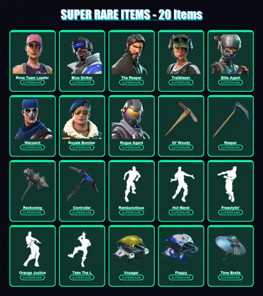 [PC/XBOX] | Rose Team Leader | Blue Striker | The Reaper | Trailblazer | Elite Agent | 86 skin | 85 pickaxe | 80 emote | 66 glider | Lv728