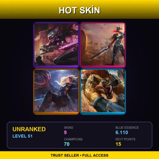 EUW | PROJECT: Fiora | Iron Solari Leona | Riot Kayle | Hyena Warwick | 9 Skin | 70 Champ | Lv51