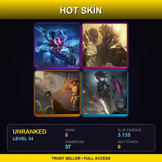 LAS | Cosmic Blade Master Yi | Lunar Guardian Warwick | Toy Soldier Gangplank | Crime City Nightmare Akali | 6 Skin | 37 Champ | Lv34 — LoL account