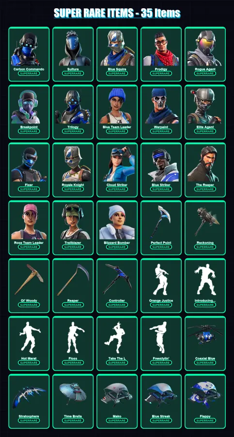 [PS4/PS5/XBOX/PC] | Carbon Commando | Sultura | Blue Squire | Prodigy | Rogue Agent | 179 skin | 178 pickaxe | 151 emote | 176 glider | Lv2267
