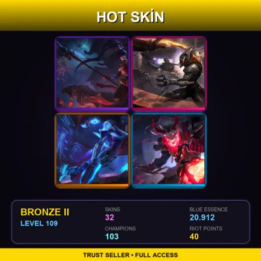 LAN | Warring Kingdoms Nidalee | PROJECT: Yi | PROJECT: Ashe | Blood Moon Thresh | 32 Skin | 103 Champ | Bronze II | Lv109