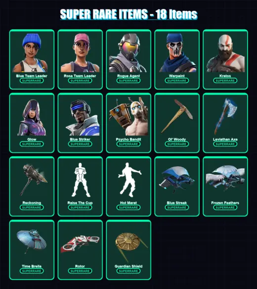 [PS4/PS5/XBOX/PC] | Blue Team Leader | Rose Team Leader | Rogue Agent | Warpaint | Kratos | 154 skin | 154 pickaxe | 140 emote | 137 glider | Lv1810