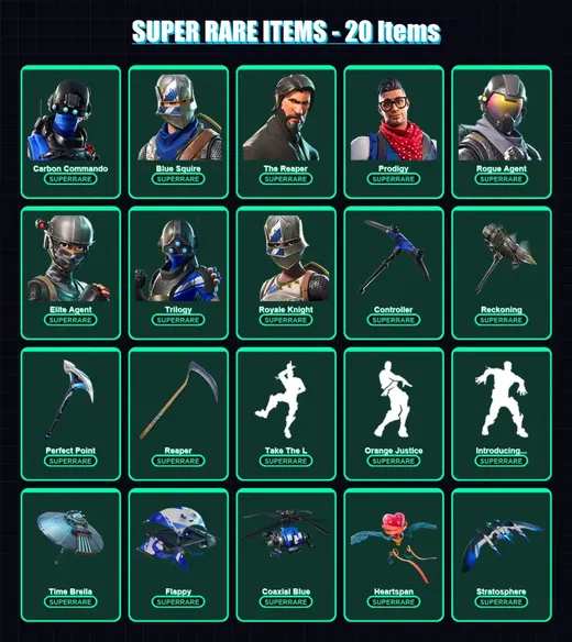 [PS4/PS5/PC] | Carbon Commando | Blue Squire | The Reaper | Prodigy | Rogue Agent | 301 skin | 290 pickaxe | 422 emote | 207 glider | Lv3509