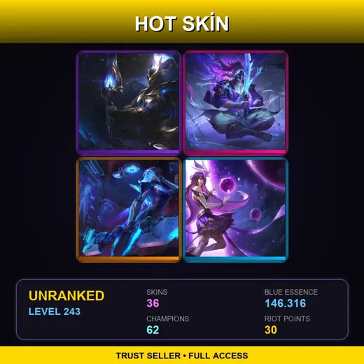 LAN | Spirit Blossom Master Yi | Cosmic Defender Xin Zhao | PROJECT: Ashe | Star Guardian Syndra | 36 Skin | 62 Champ | Lv243 — Lunar Beast Annie