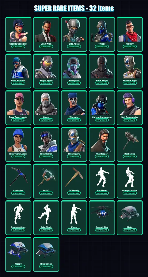 [PC/XBOX] | Sparkle Specialist | John Wick | Elite Agent | Trilogy | Prodigy | 296 skin | 178 pickaxe | 213 emote | 155 glider | Lv2212