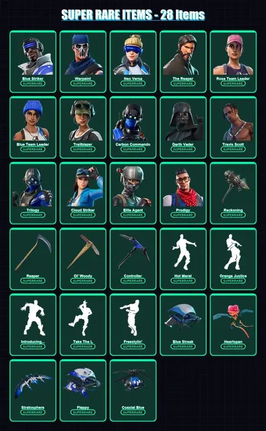 [PC/XBOX/PSN] | Blue Striker | Warpaint | Neo Versa | The Reaper | Rose Team Leader | 171 skin | 135 pickaxe | 136 emote | 126 glider | Lv1966