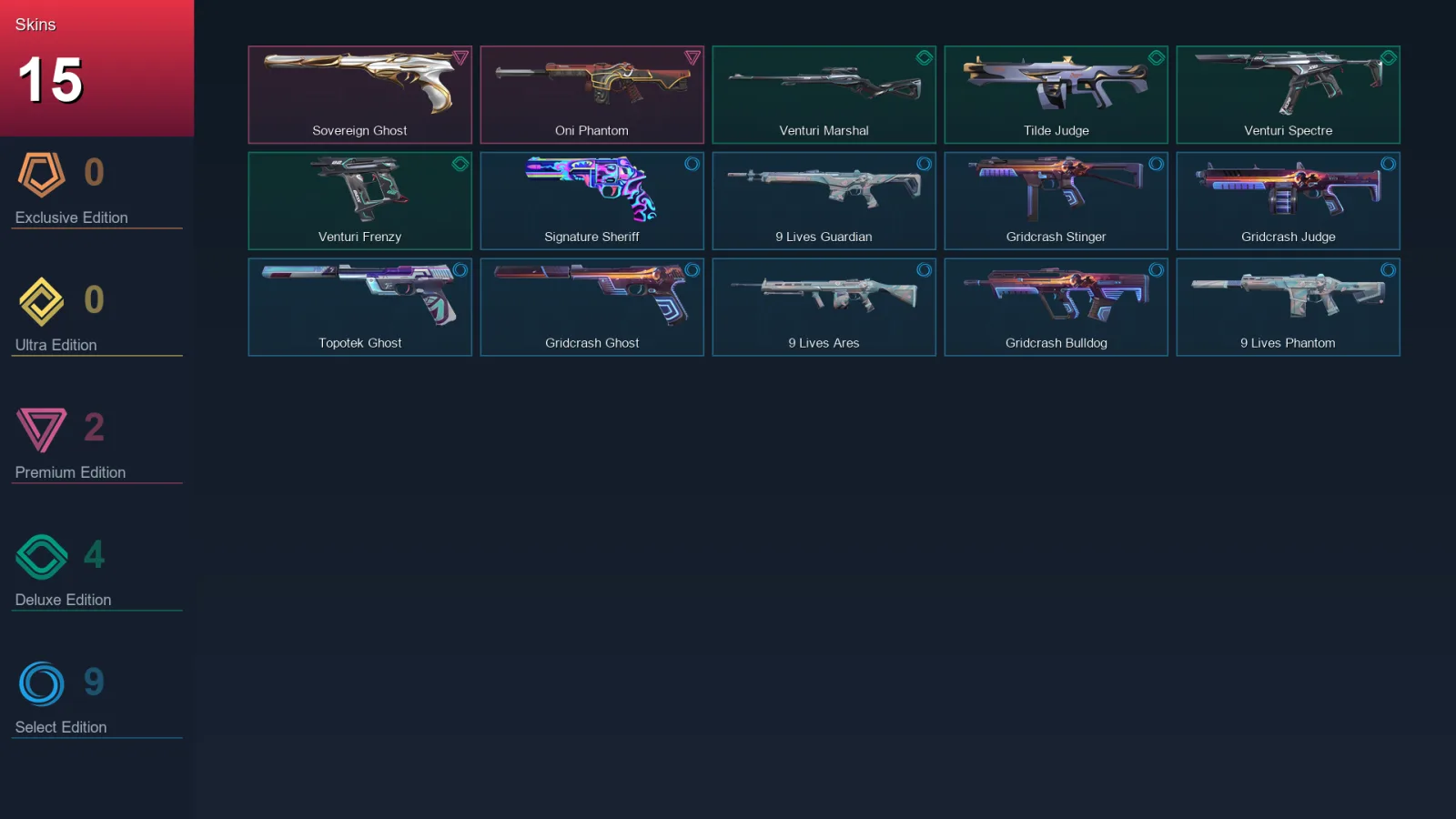 AP | Lv22 | Unranked | 15 Skin | 7 Agent | 10 Buddy — Venturi Spectre
