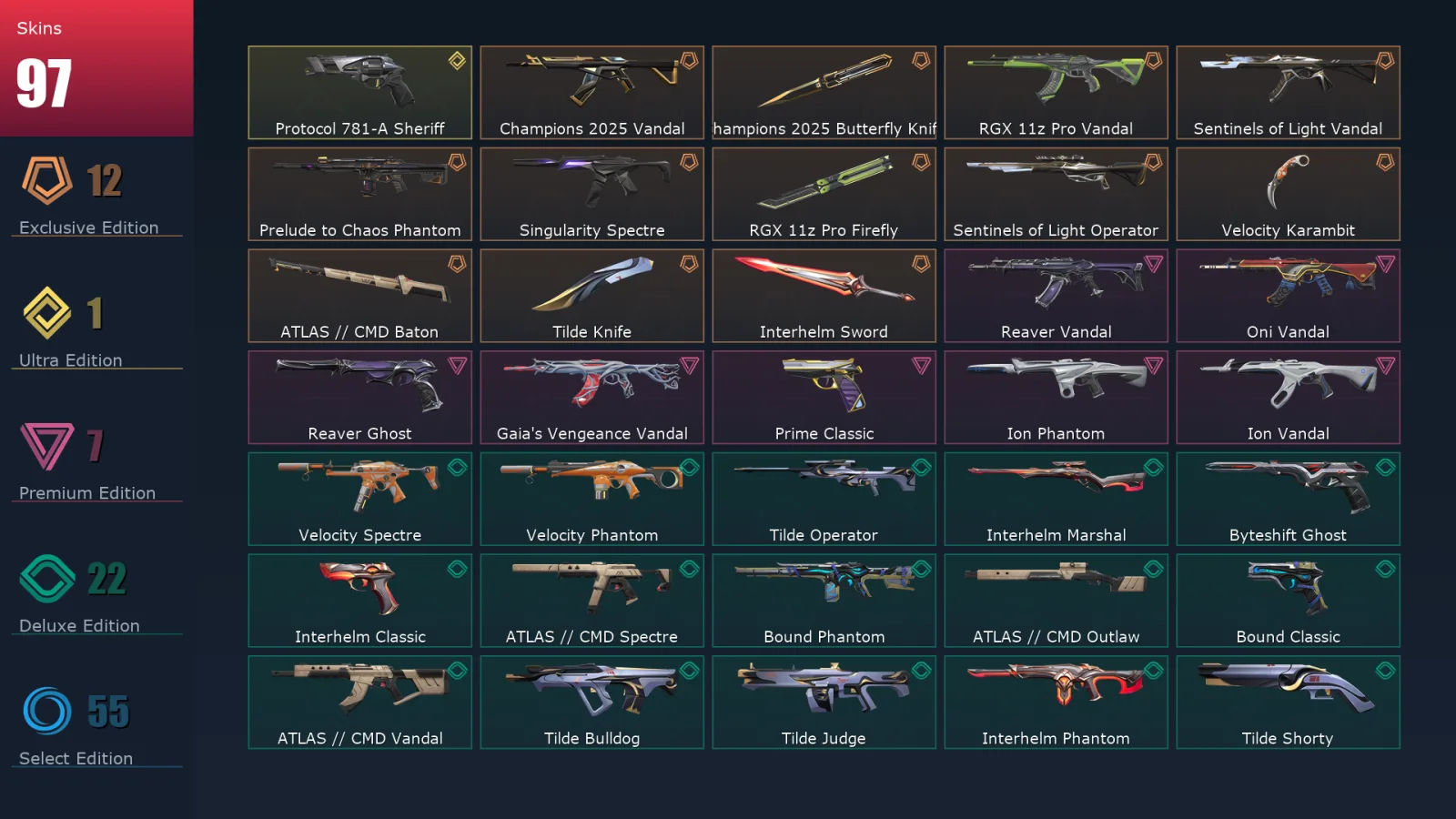 [Valorant] | EU | Level 253 | Diamond 1 | 29 Agents | 97 Skins