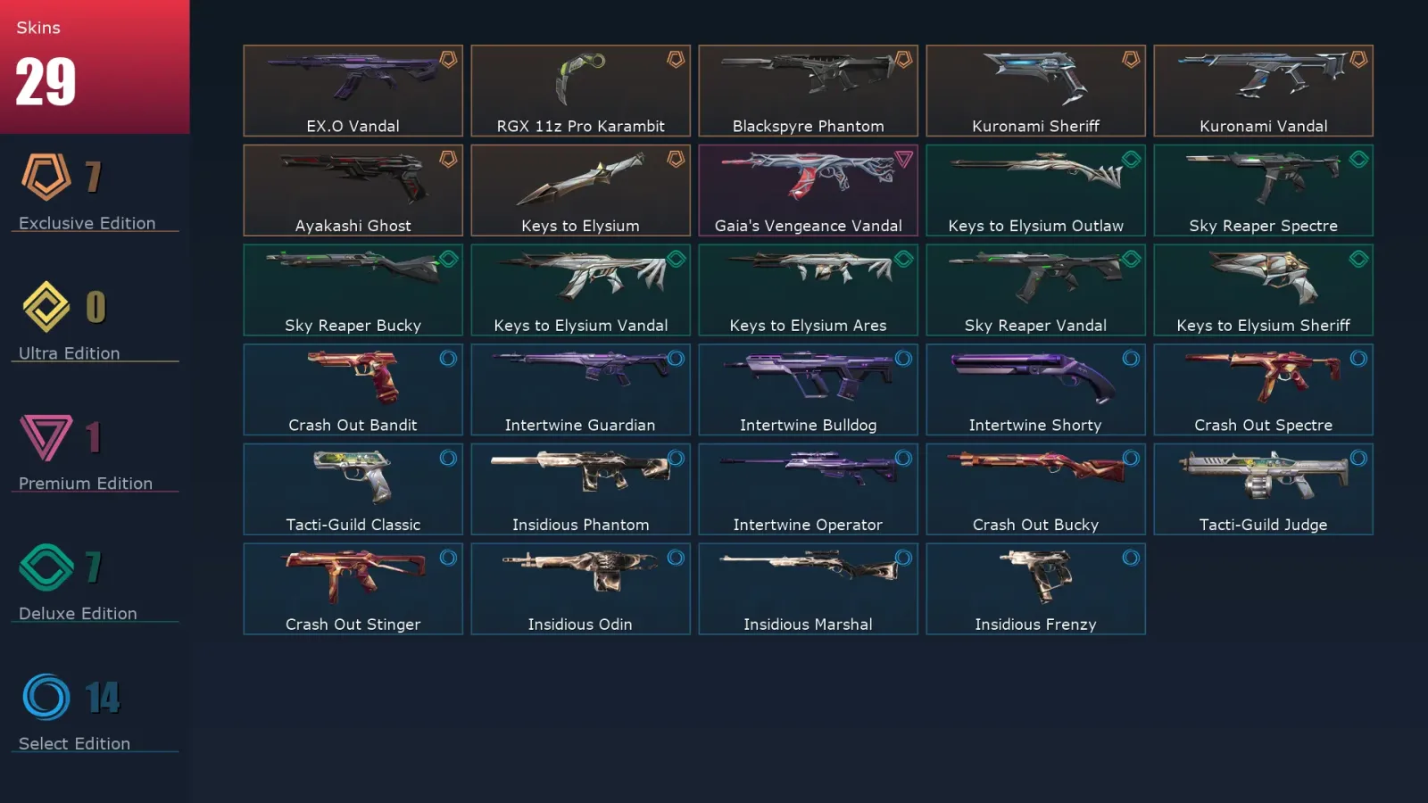 [Valorant] | EU | Level 37 | Platinum 2 | 11 Agents | 29 Skins