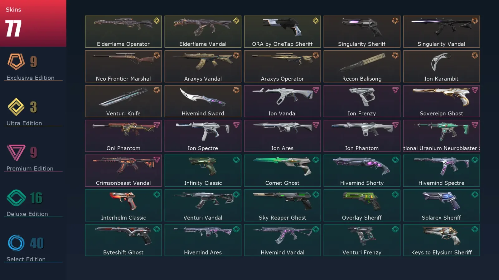 [Valorant] | EU | Level 423 | Platinum 1 | 29 Agents | 77 Skins