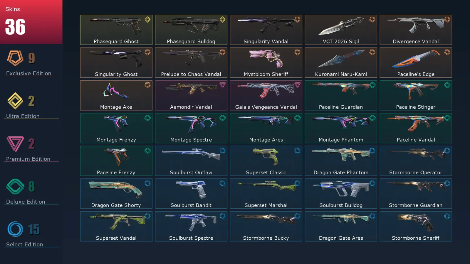 [Valorant] | EU | Level 46 | 16 Agents | 36 Skins