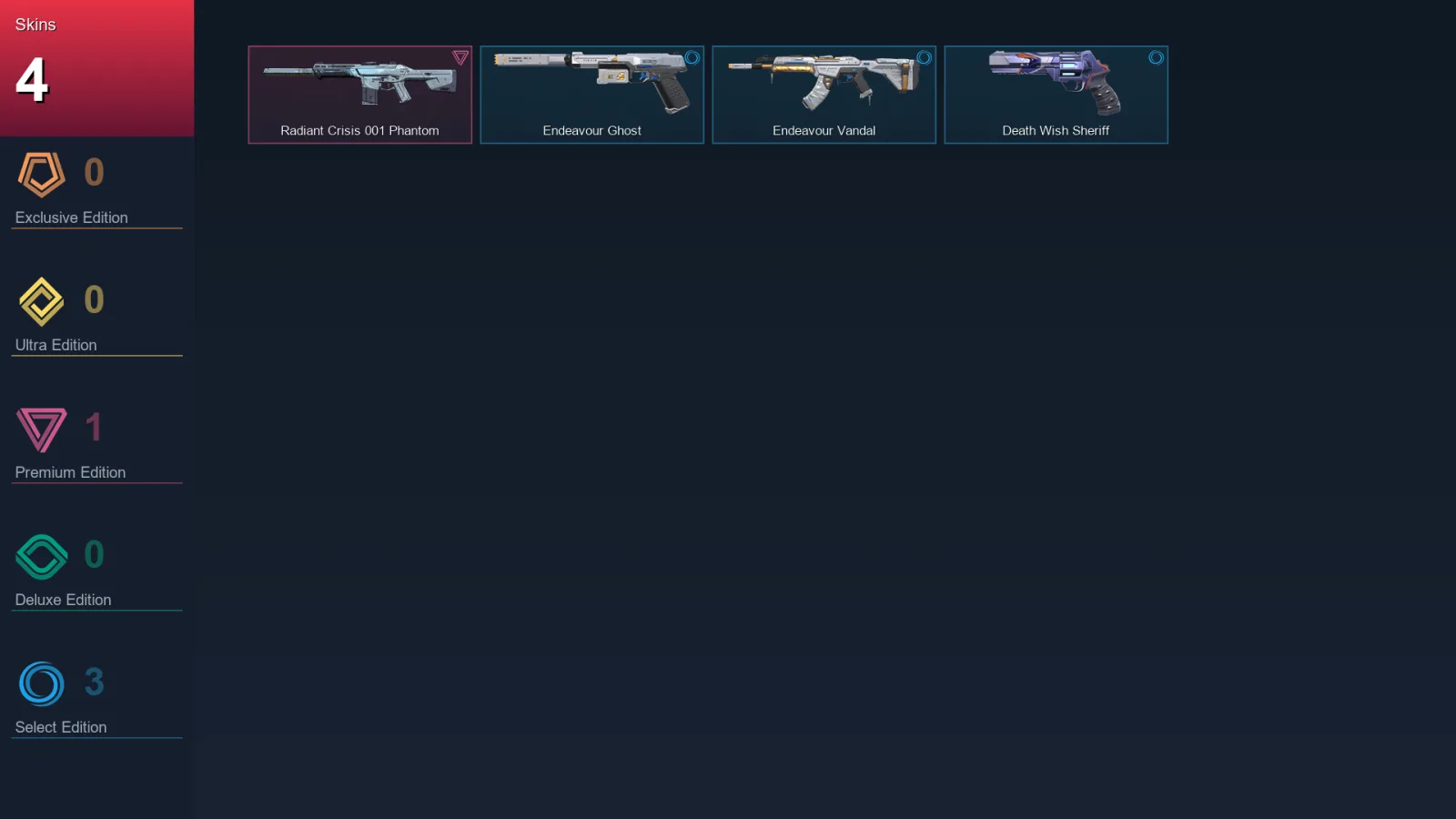 NA | Radiant Crisis 001 Phantom | Endeavour Ghost | Endeavour Vandal | Death Wish Sheriff | 4 Skin | 11 Agent | 18 Buddy | Lv38