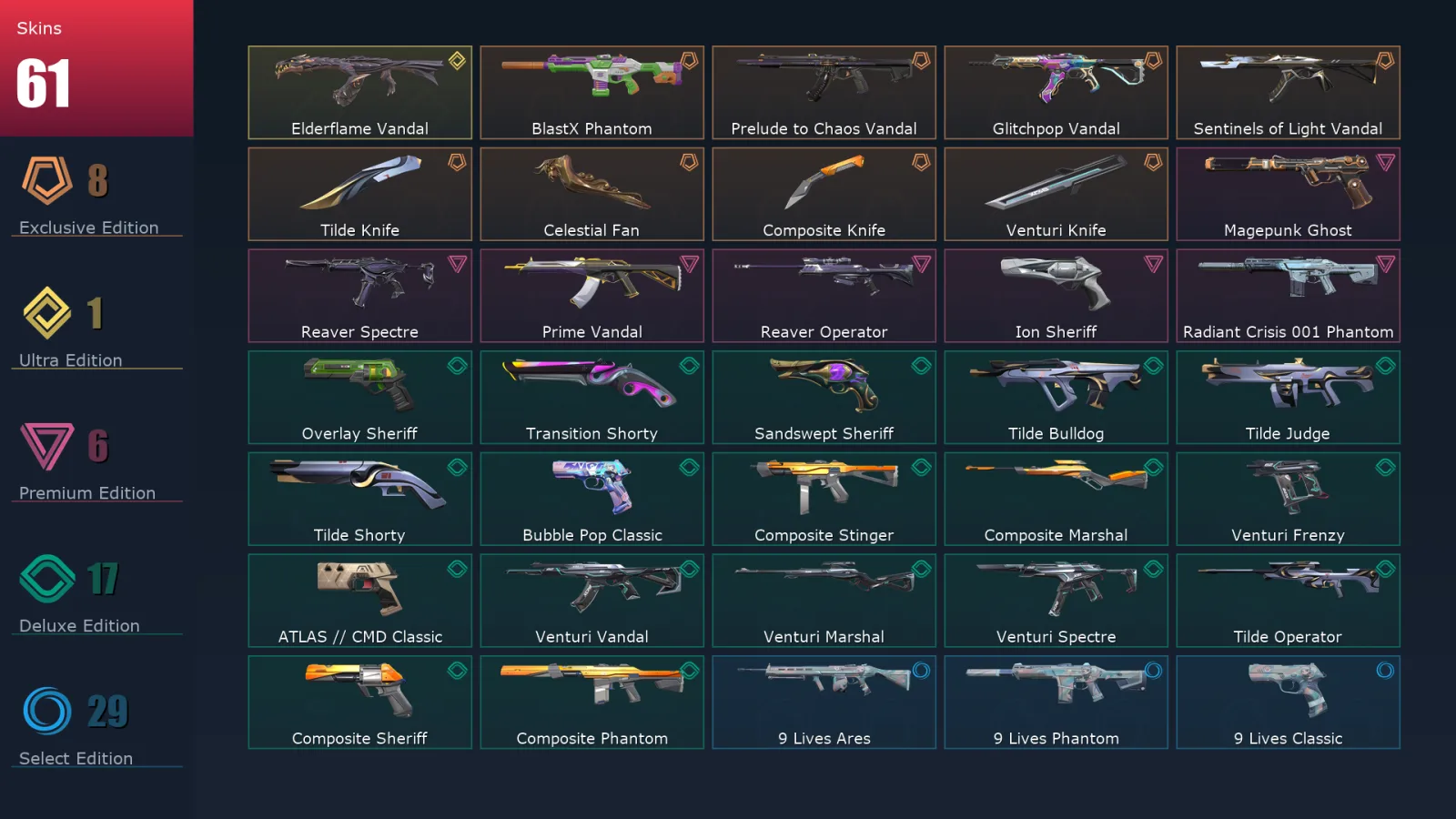 [Valorant] | EU | Level 324 | Silver 3 | 29 Agents | 61 Skins