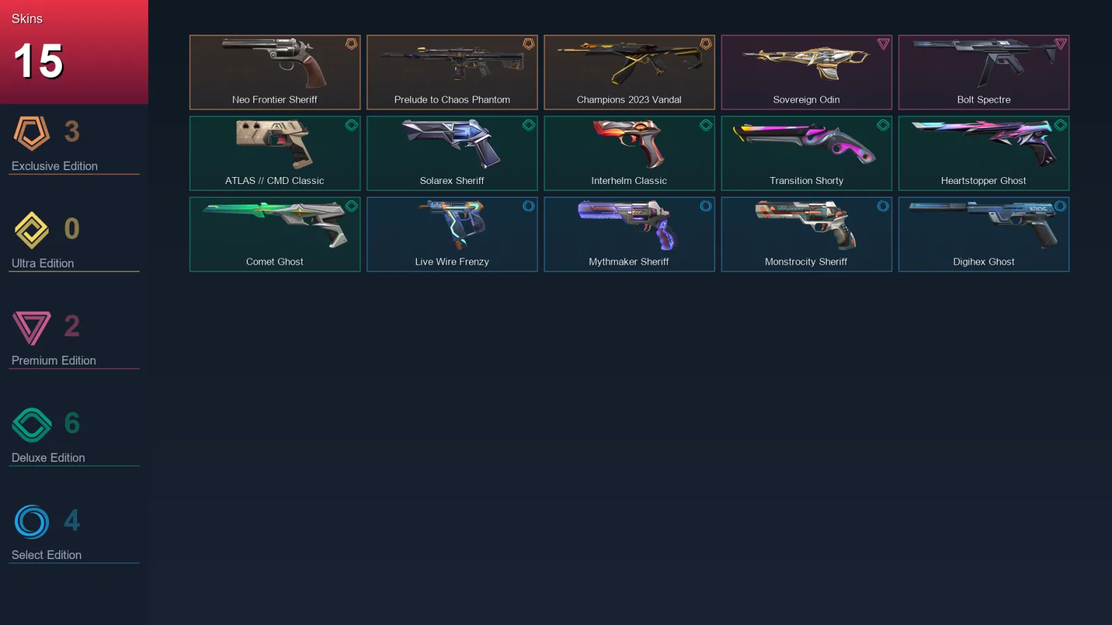 AP | Neo Frontier Sheriff | Prelude to Chaos Phantom | Champions 2023 Vandal | Sovereign Odin | 15 Skin | 28 Agent | 88 Buddy | Lv244