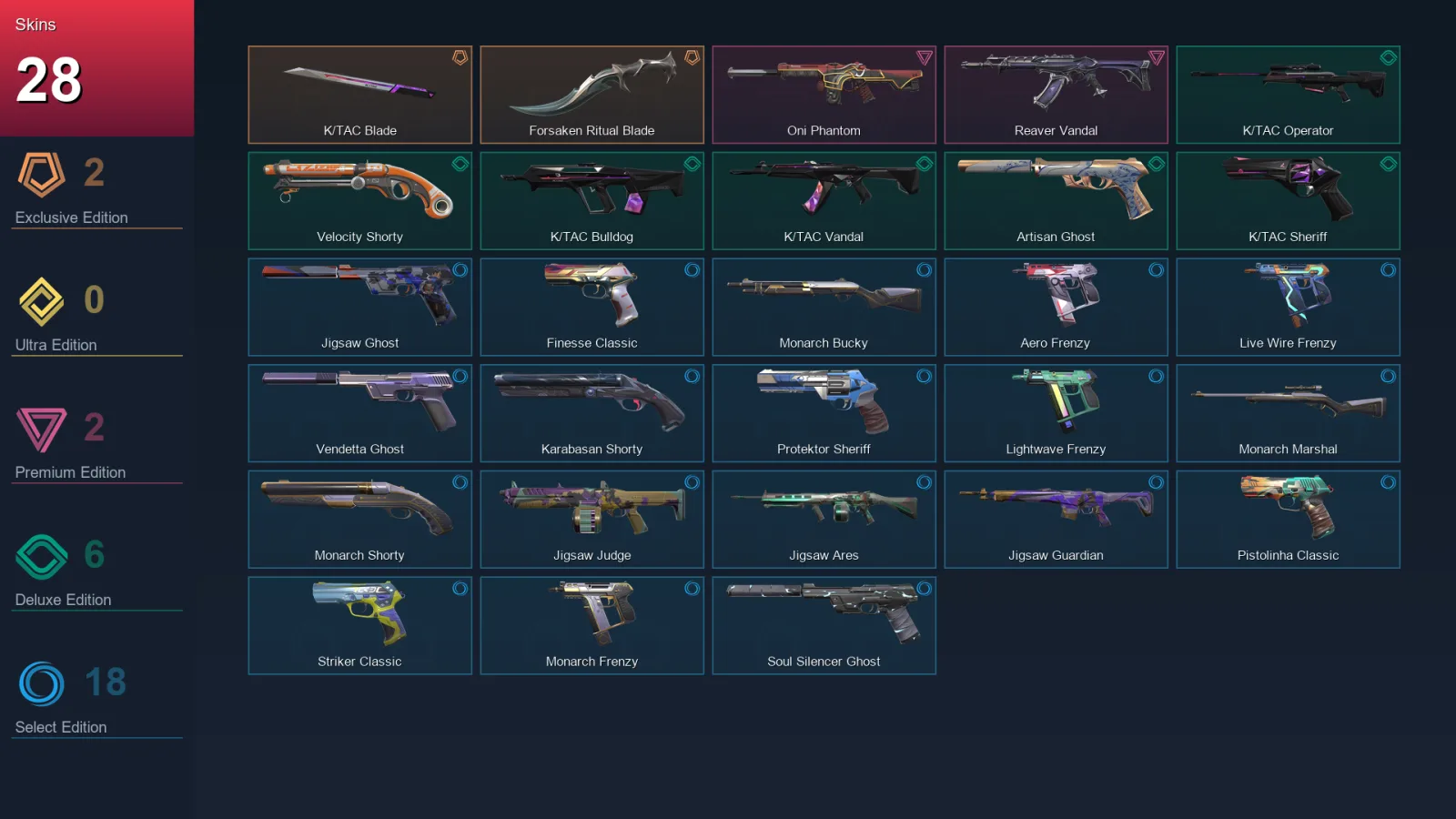AP | K/TAC Blade | Forsaken Ritual Blade | Oni Phantom | Reaver Vandal | 28 Skin | 27 Agent | 82 Buddy | Lv192