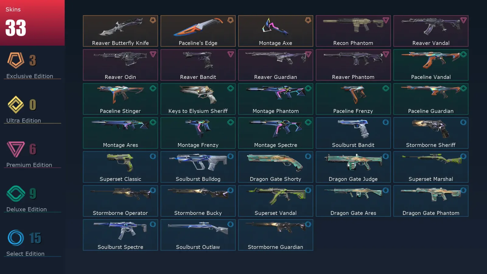 [Valorant] | EU | Level 53 | Diamond 1 | 15 Agents | 33 Skins