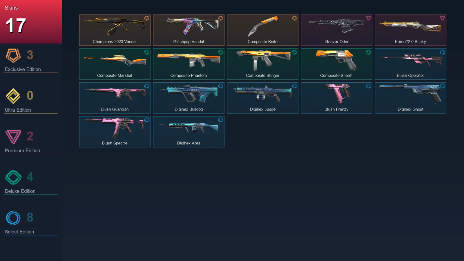 AP | Champions 2023 Vandal | Glitchpop Vandal | Composite Knife | Reaver Odin | 17 Skin | 21 Agent | 20 Buddy | Lv73