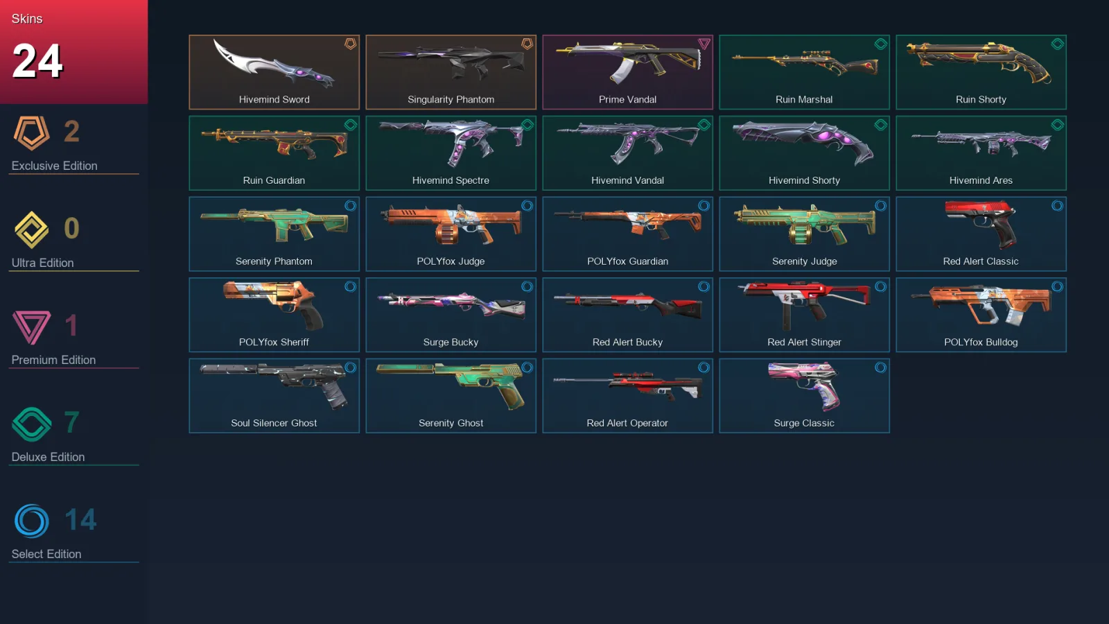 EU | Lv47 | Unranked | 24 Skin | 10 Agent | 38 Buddy — Singularity Phantom