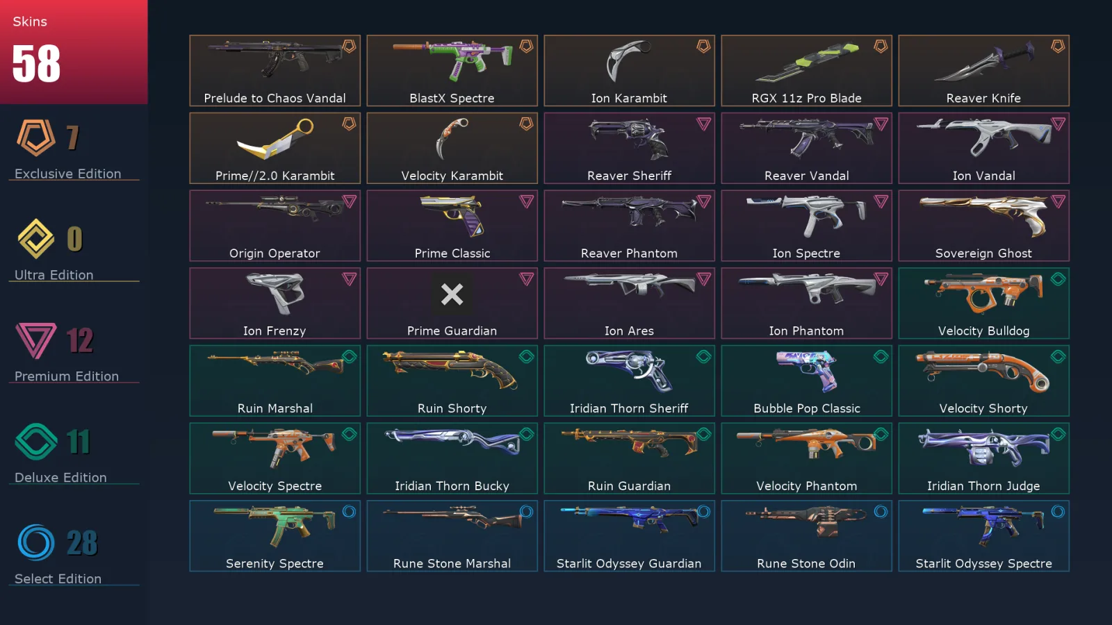 [Valorant] | EU | Level 147 | 24 Agents | 58 Skins