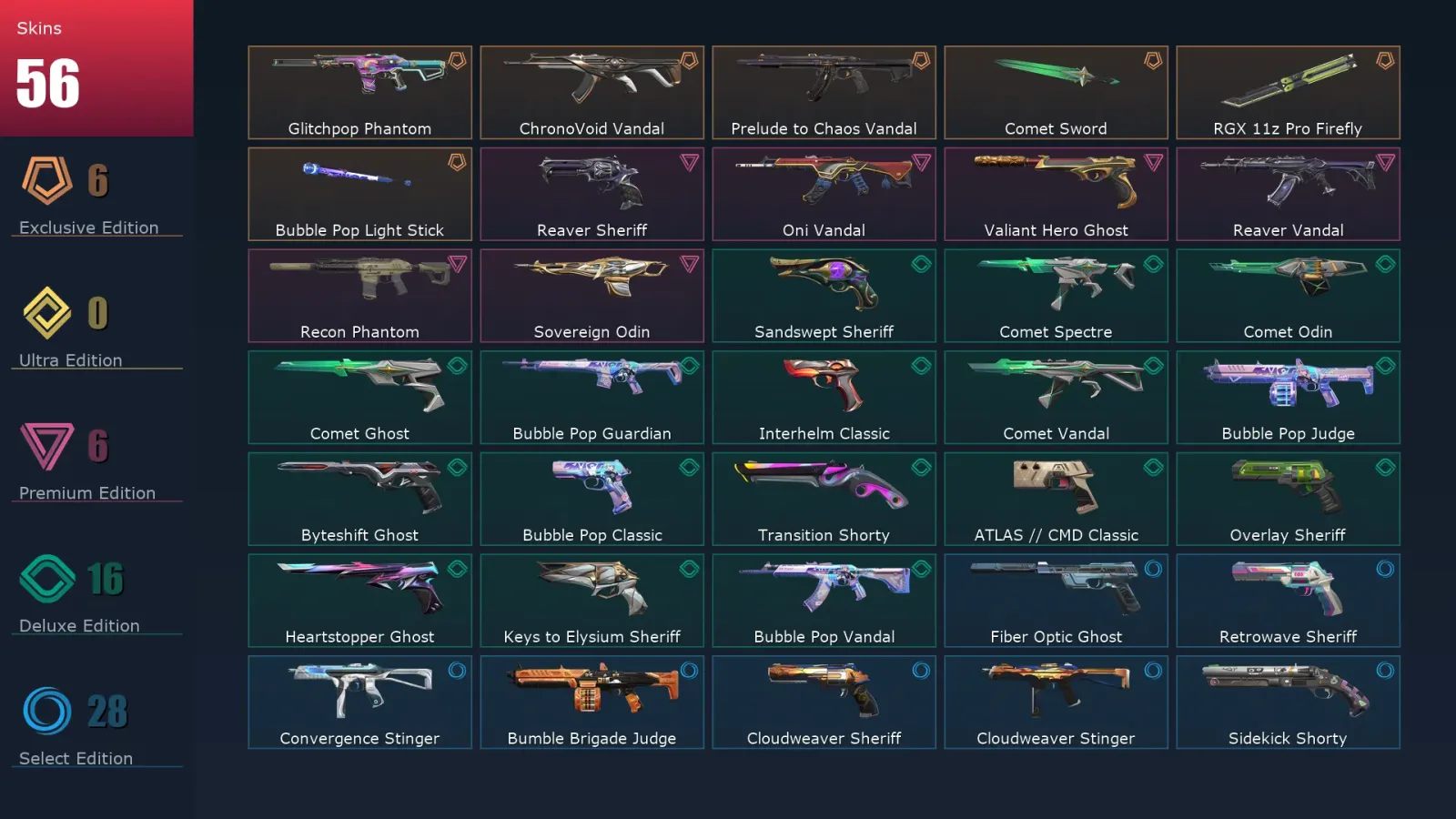 [Valorant] | EU | Level 342 | Platinum 1 | 29 Agents | 56 Skins