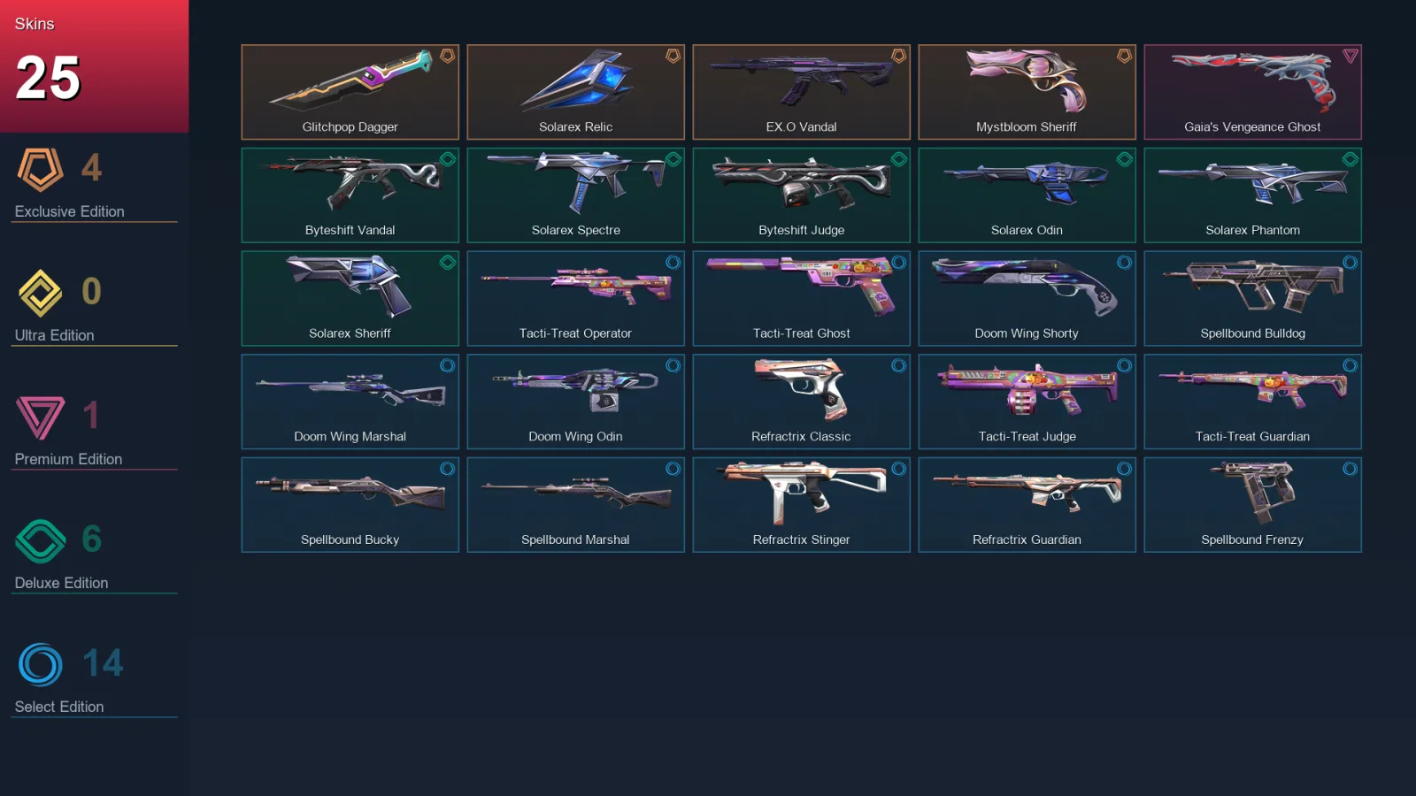 EU | Glitchpop Dagger | Solarex Relic | EX.O Vandal | Mystbloom Sheriff | 25 Skin | 10 Agent | 30 Buddy | Lv47