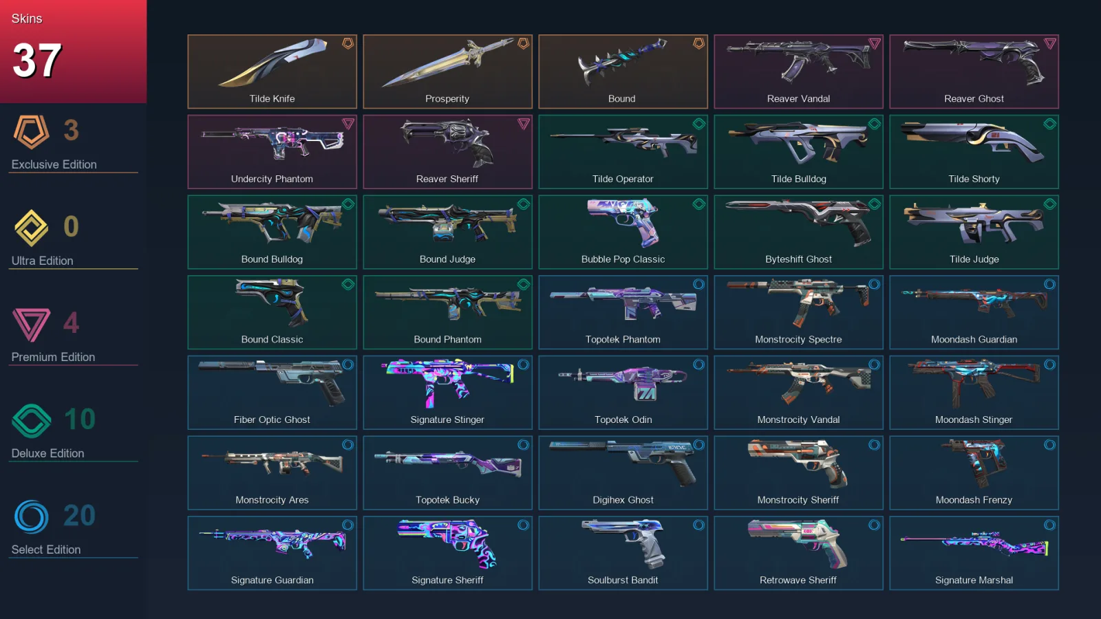 EU | Tilde Knife | Prosperity | Bound | Reaver Vandal | 37 Skin | 27 Agent | 82 Buddy | Lv176