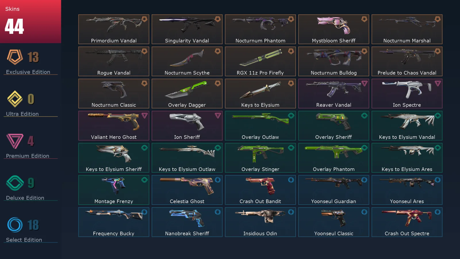 [Valorant] | EU | Level 134 | Platinum 2 | 29 Agents | 44 Skins