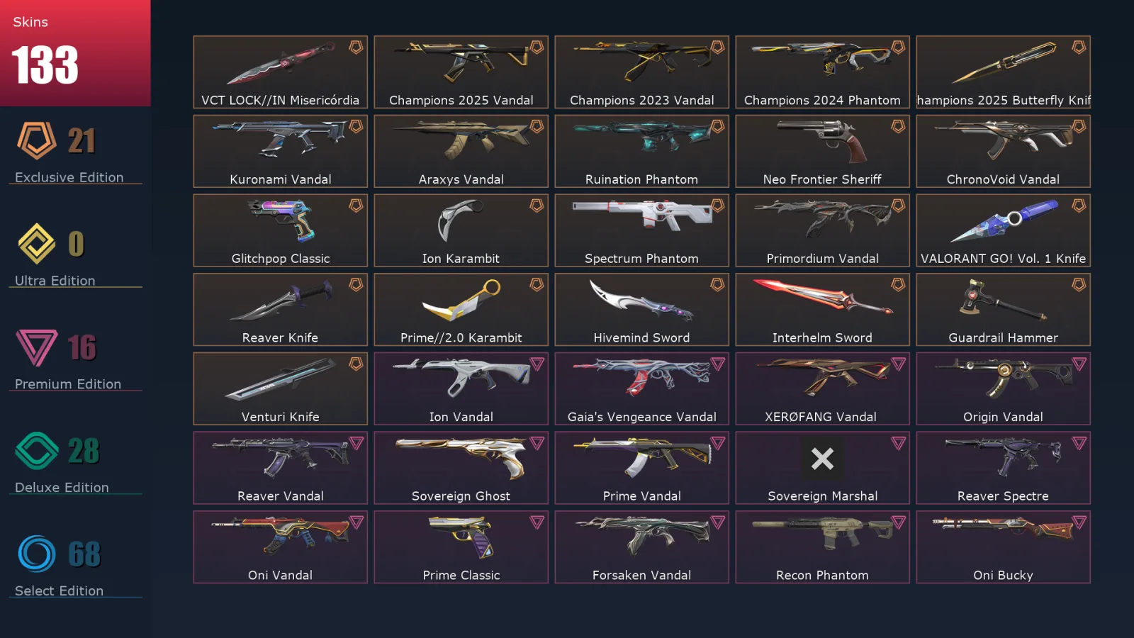 [Valorant] | EU | Level 223 | Platinum 1 | 29 Agents | 133 Skins