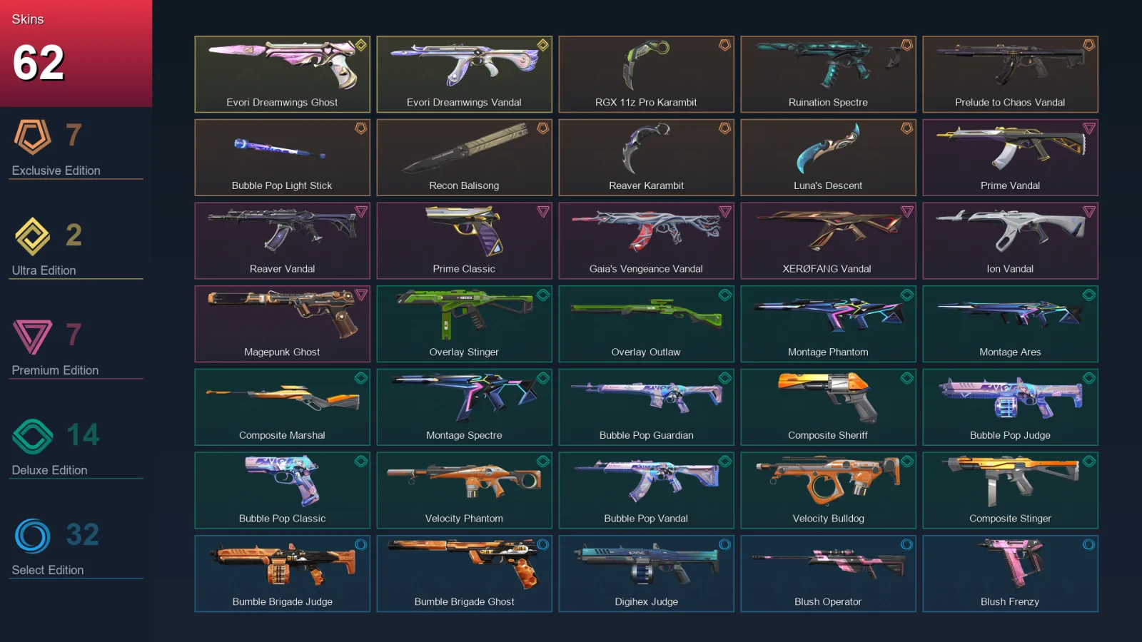 EU | Lv104 | Unranked | 62 Skin | 28 Agent | 64 Buddy