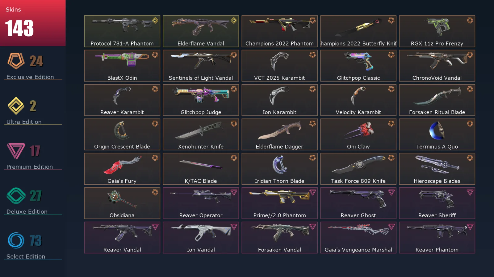 [Valorant] | EU | Level 281 | 25 Agents | 143 Skins