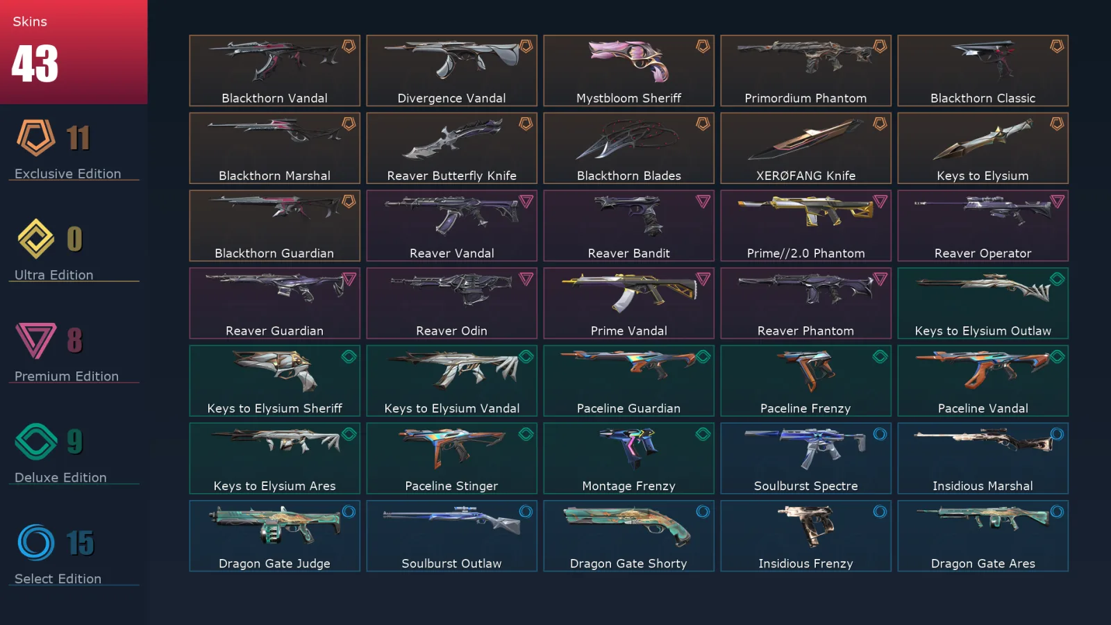 [Valorant] | EU | Level 62 | Ascendant 1 | 22 Agents | 43 Skins