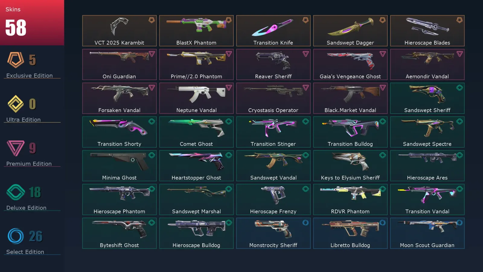 [Valorant] | EU | Level 187 | Ascendant 2 | 29 Agents | 58 Skins