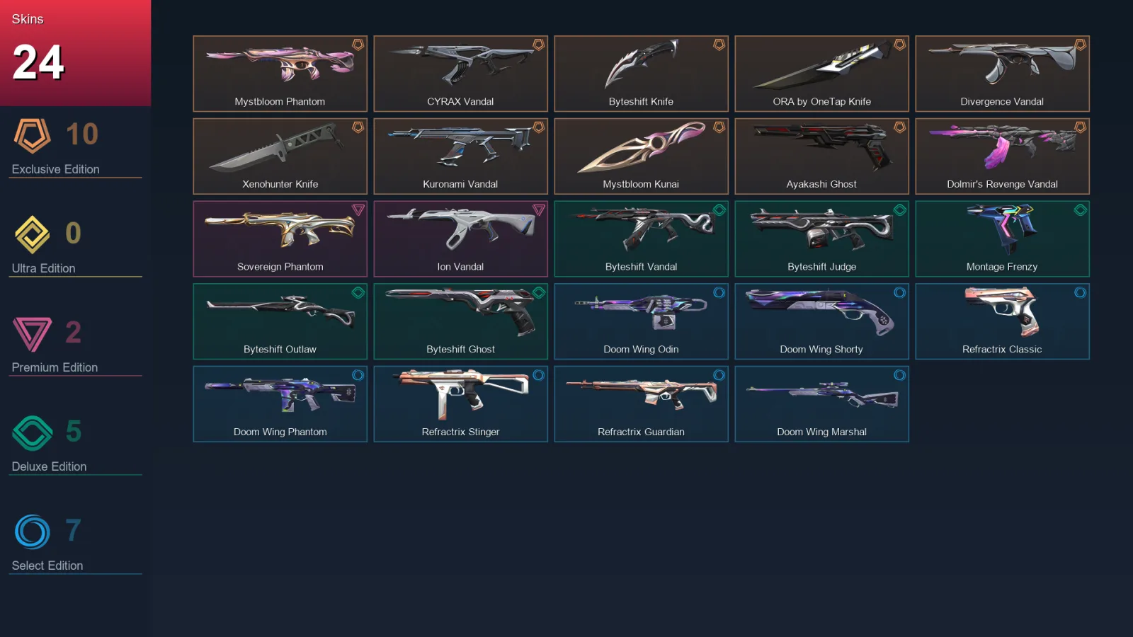 EU | Mystbloom Phantom | CYRAX Vandal | Byteshift Knife | ORA by OneTap Knife | 24 Skin | 17 Agent | 37 Buddy | Lv72