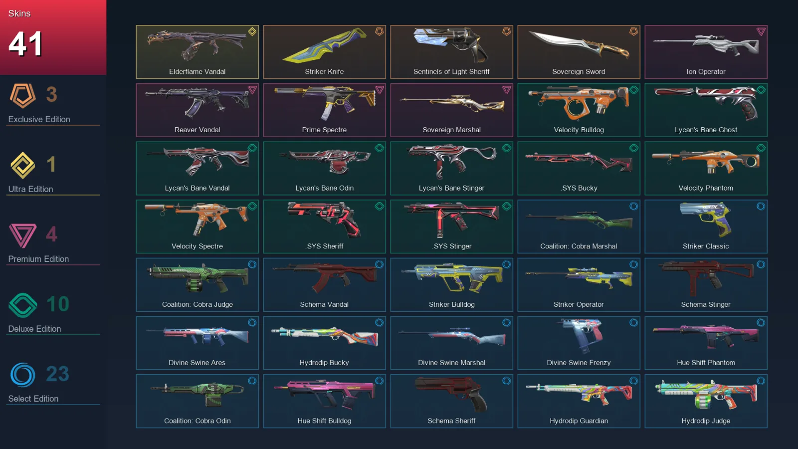 AP | Striker Knife | Sentinels of Light Sheriff | Sovereign Sword | Elderflame Vandal | 41 Skin | 29 Agent | 64 Buddy | Lv101