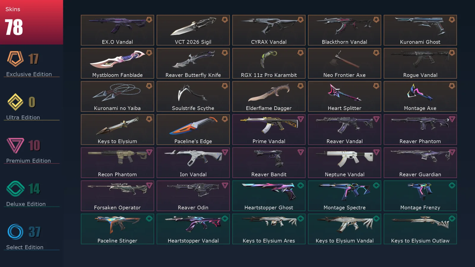 [Valorant] | EU | Level 164 | Platinum 3 | 29 Agents | 78 Skins