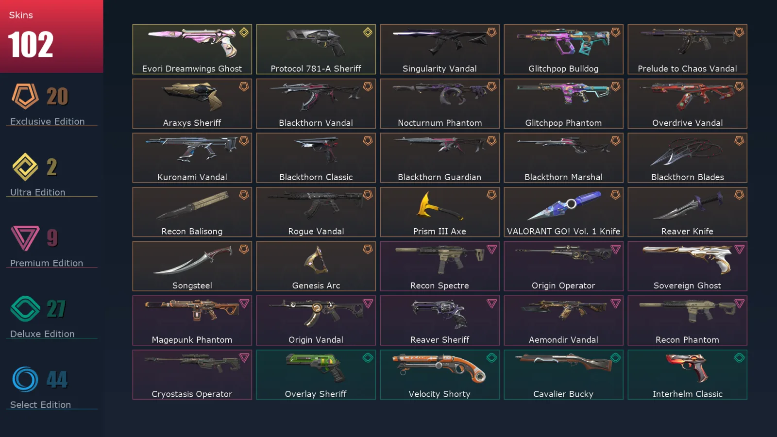 [Valorant] | EU | Level 500 | Ascendant 2 | 29 Agents | 102 Skins