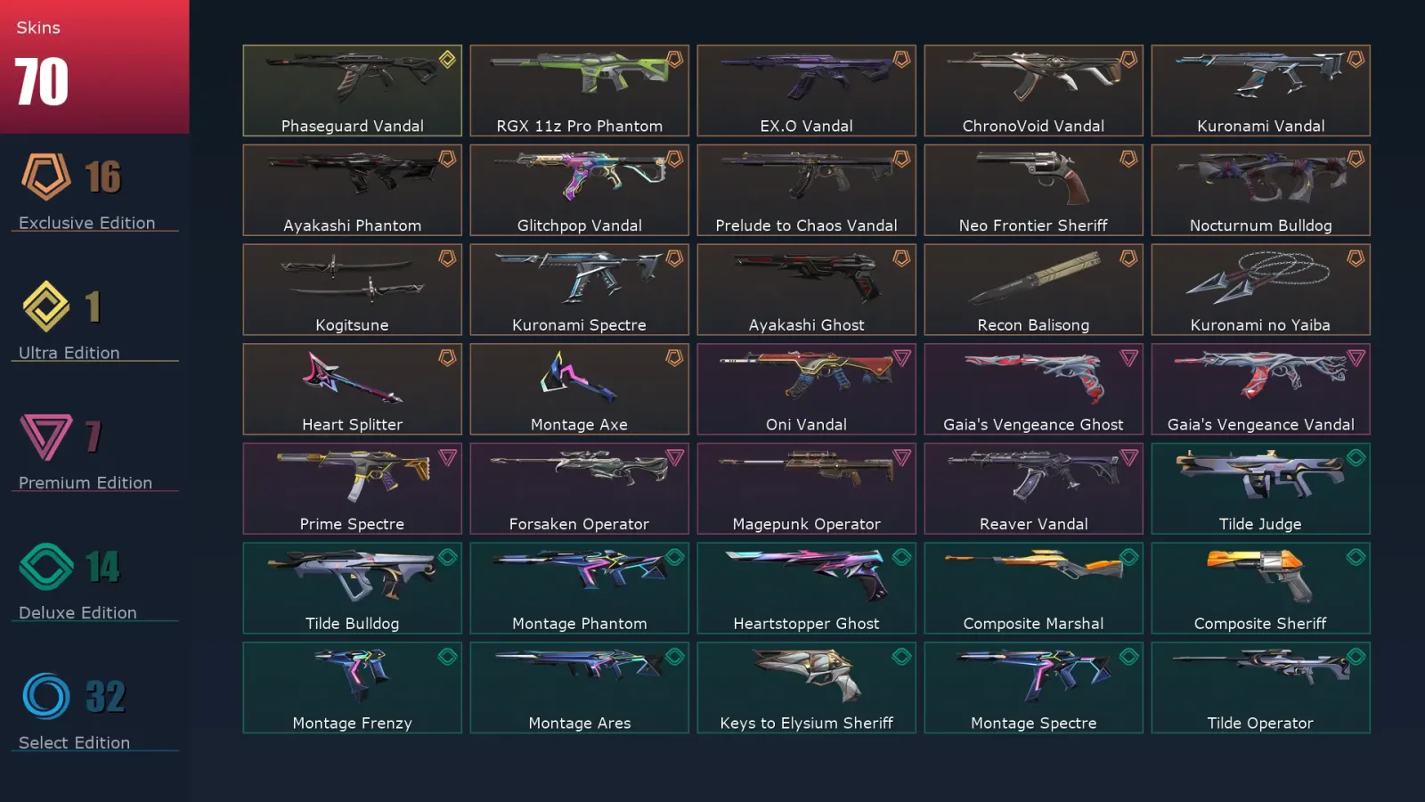 [Valorant] | EU | Level 197 | Gold 3 | 29 Agents | 70 Skins