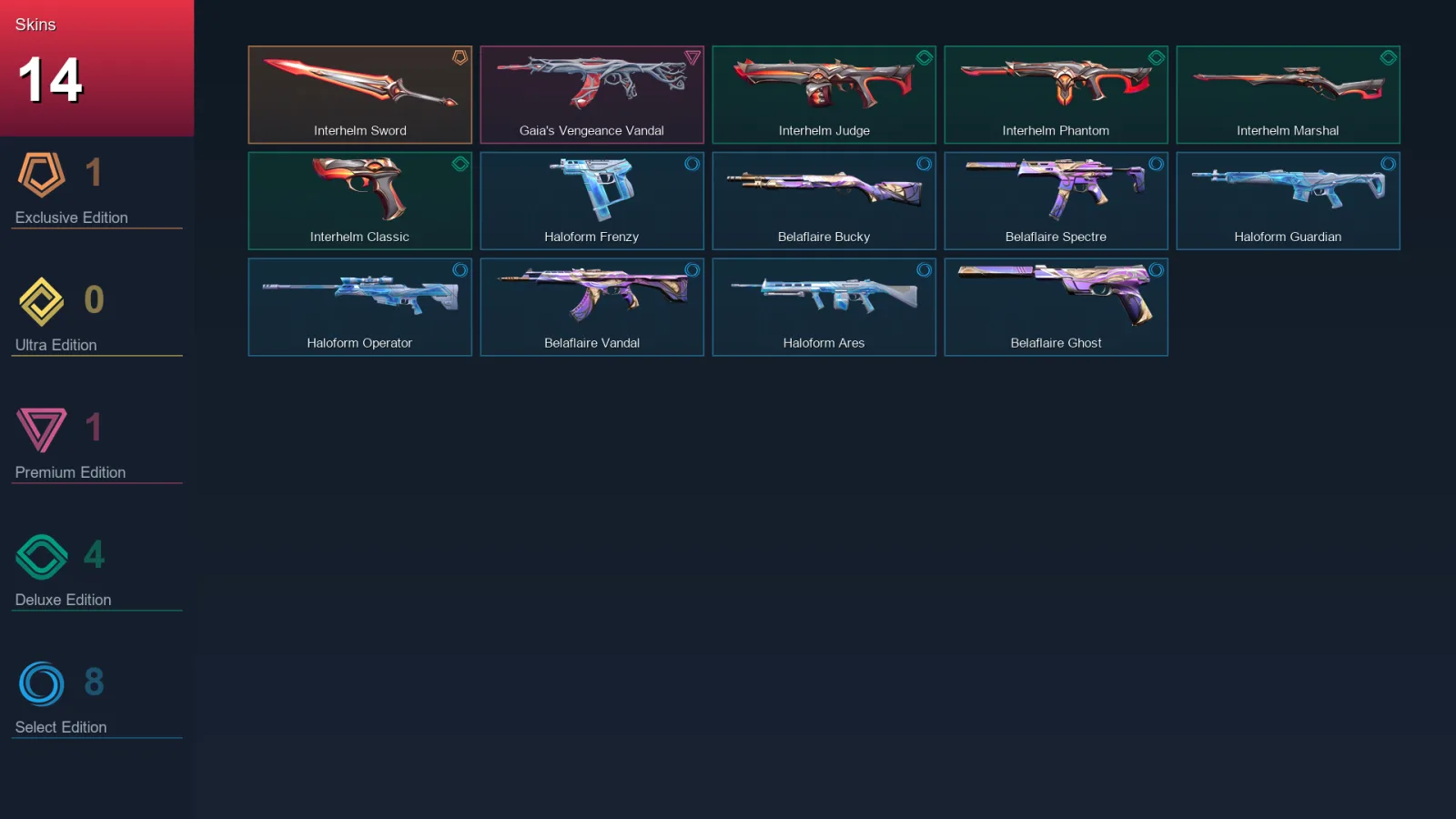 EU | Interhelm Sword | Gaia's Vengeance Vandal | Interhelm Judge | Interhelm Phantom | 14 Skin | 11 Agent | 16 Buddy | Lv33