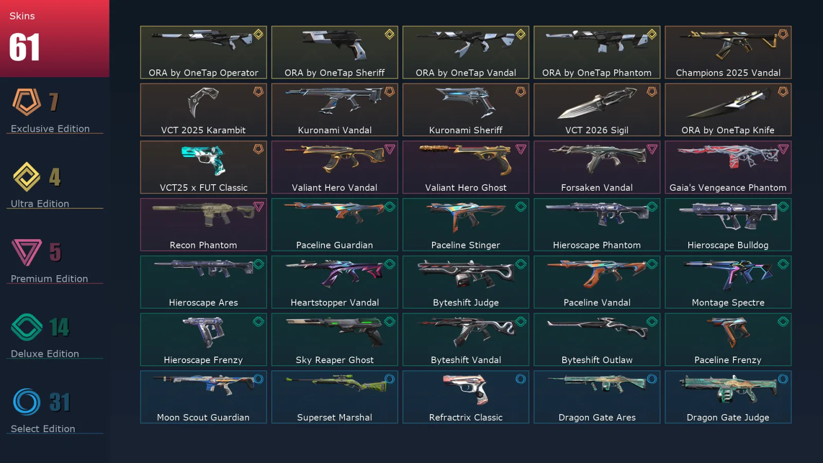 [Valorant] | EU | Level 66 | Platinum 2 | 23 Agents | 61 Skins