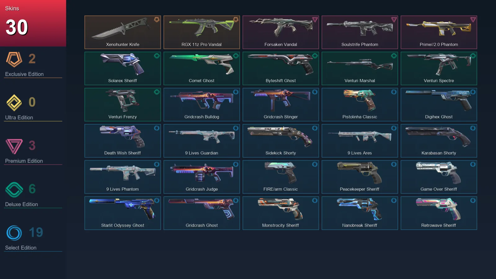 AP | Xenohunter Knife | RGX 11z Pro Vandal | Forsaken Vandal | Soulstrife Phantom | 30 Skin | 29 Agent | 86 Buddy | Lv276